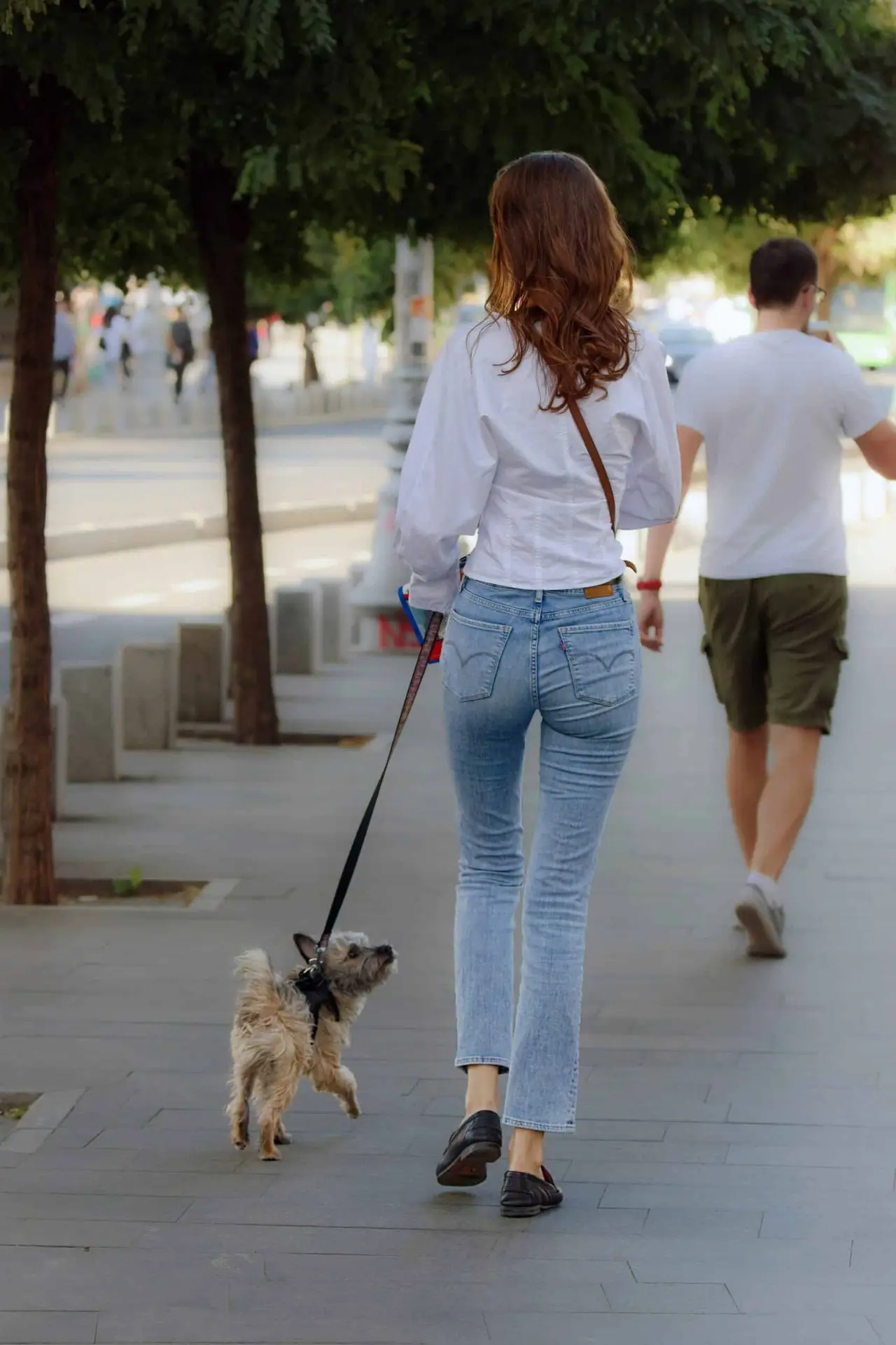 women walking her small dog on leash