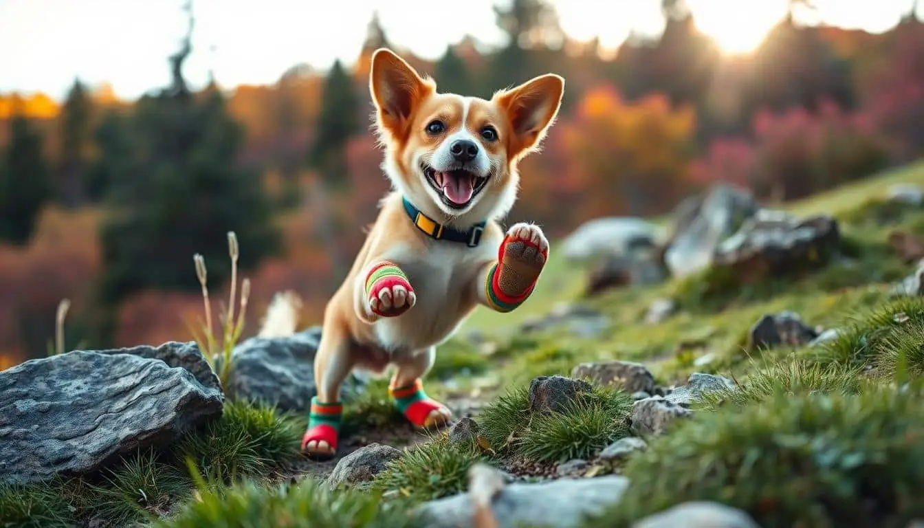 small dog wearing shoes