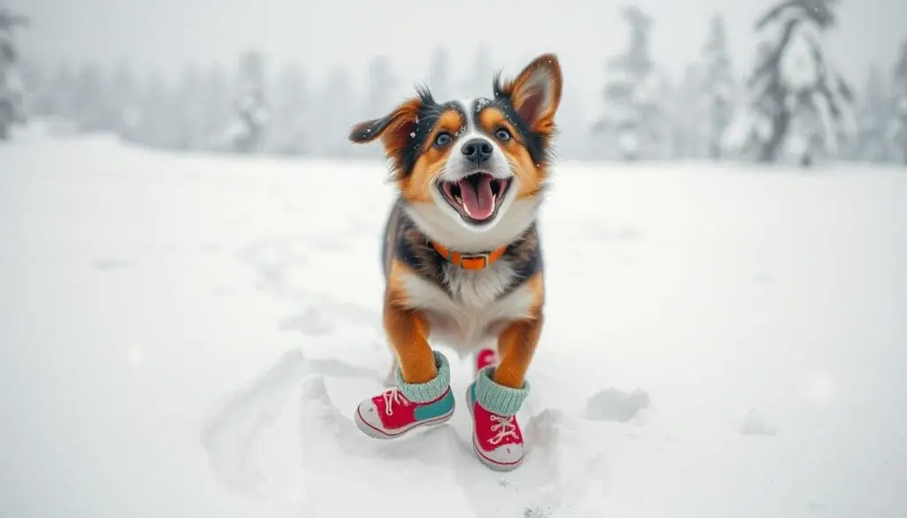 Small dog wearing boots in snow