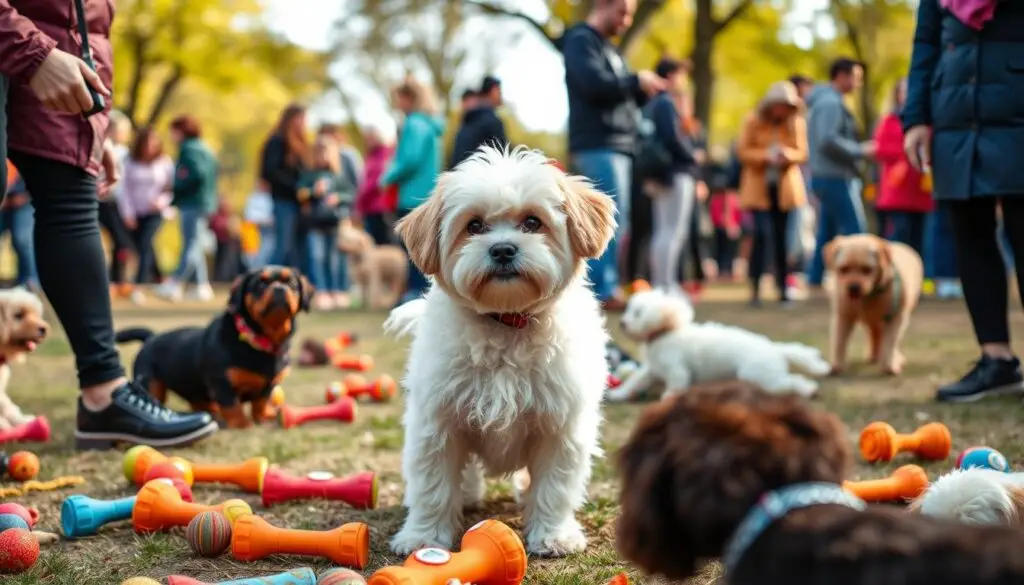 small dogs follow commands in busy areas