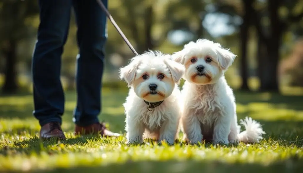 small dog learning heel command on leash