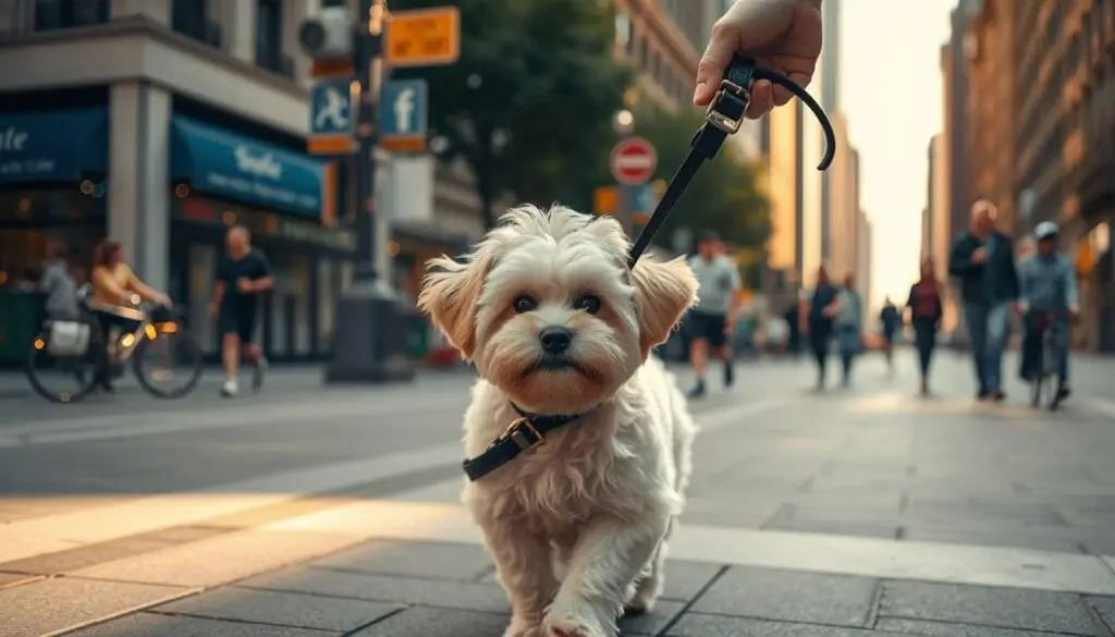 small dog walking calmly on leash despite distractions